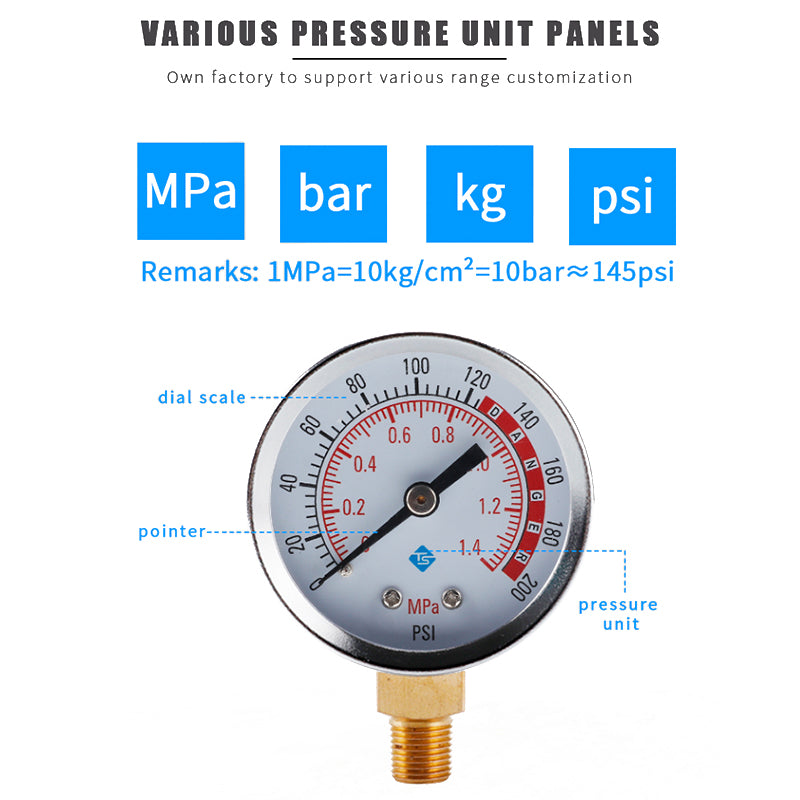 TS-Y50-1.4mpa-Y Large 50mm Dial Dual Scale Design Oil Water Pressure Gauge Stainless Steel Gas Pressure Gauge TS-Y50-1.4mpa-Y Large 50mm Dial Dual Scale Design Oil Water Pressure Gauge Stainless Steel Gas Pressure Gauge